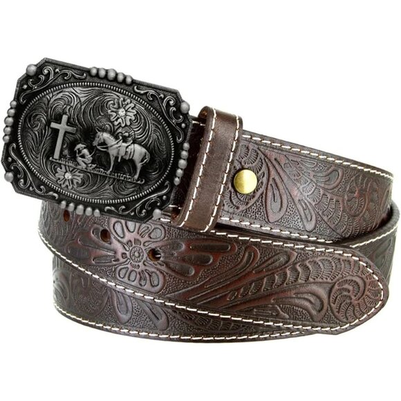 Moranse Religion Cross Cowboy Kneeling Prayer And Horse Design Belt Buckle - Picture 2 of 6